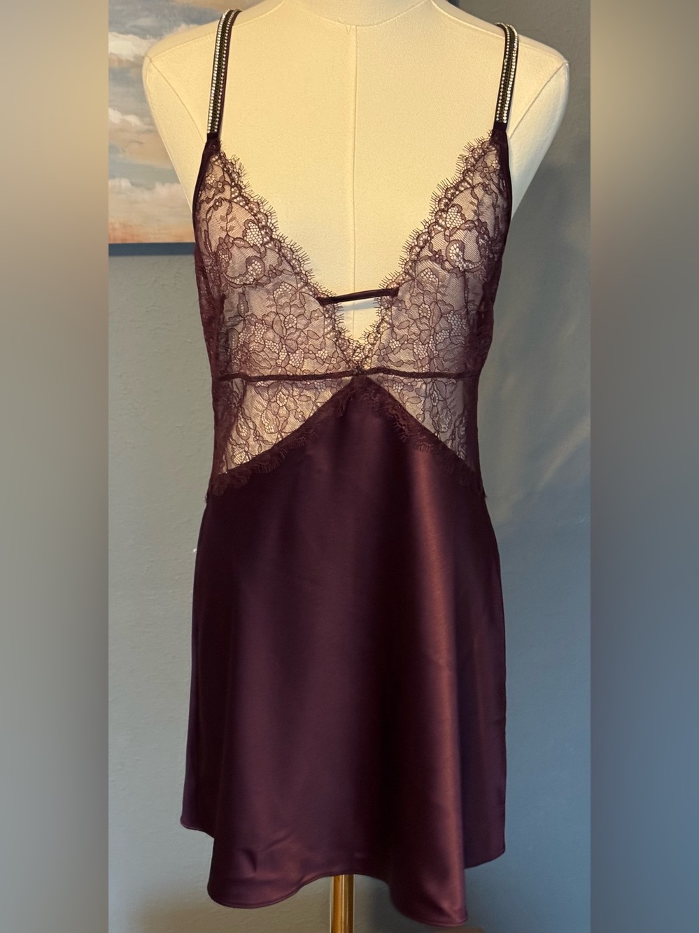 Victoria's Secret Satin Lace Sleep Dress Nightgown Burgundy Sz M Cross Back